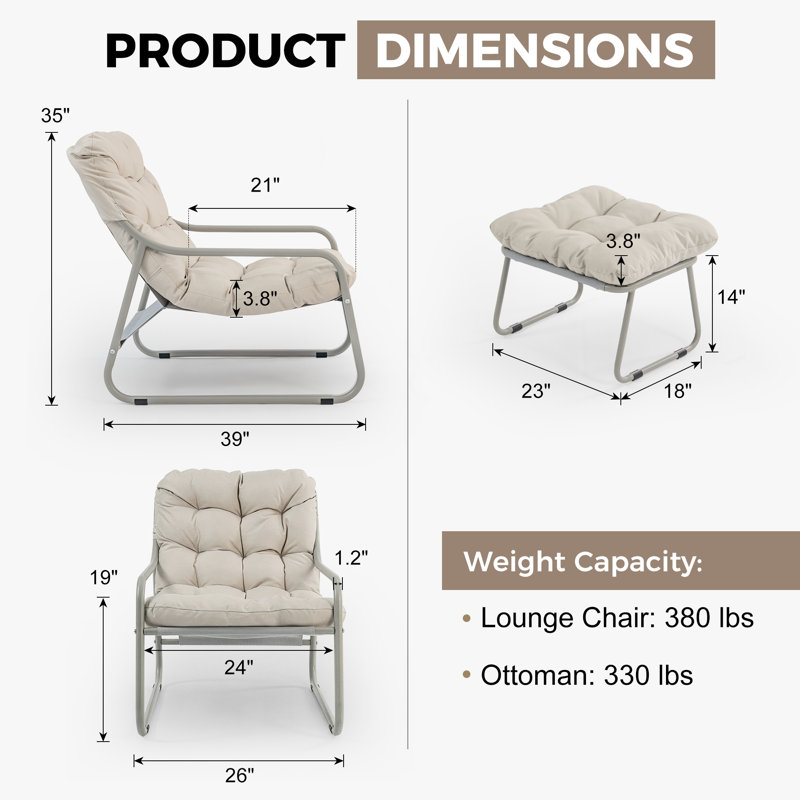 Outdoor Lounge Chair with Ottoman with Thick Beige Cushions for Patio, Porch and Balcony, Beige