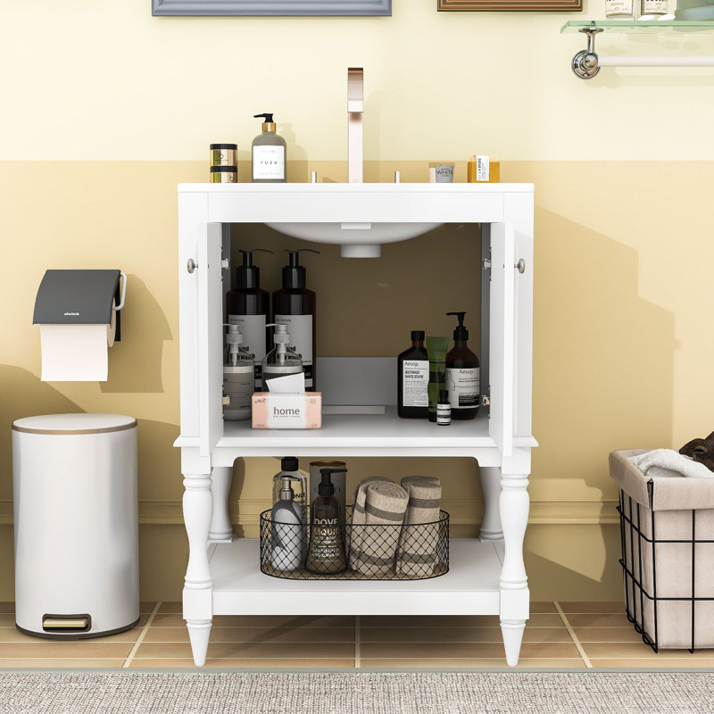 Meuble-lavabo rétro avec lavabo en céramique, tablette ouverte et armoire de rangement fermée, Blanc