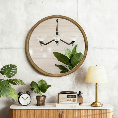 Miroir mural rond rond en bois naturel 27,56 po pour salle de bain, chambre à coucher, entrée