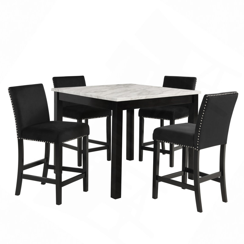 Ensemble de salle à manger à hauteur de comptoir 5 pièces Carré blanc Faux marbre, Noir