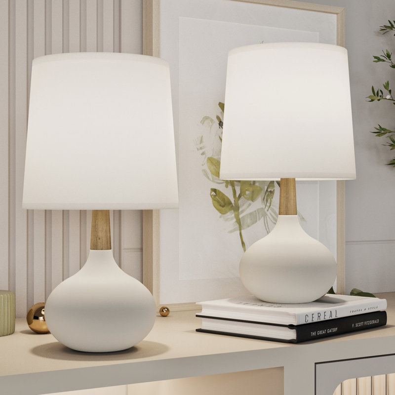 14'' White Ceramic and Wood Modern Table Lamp Set