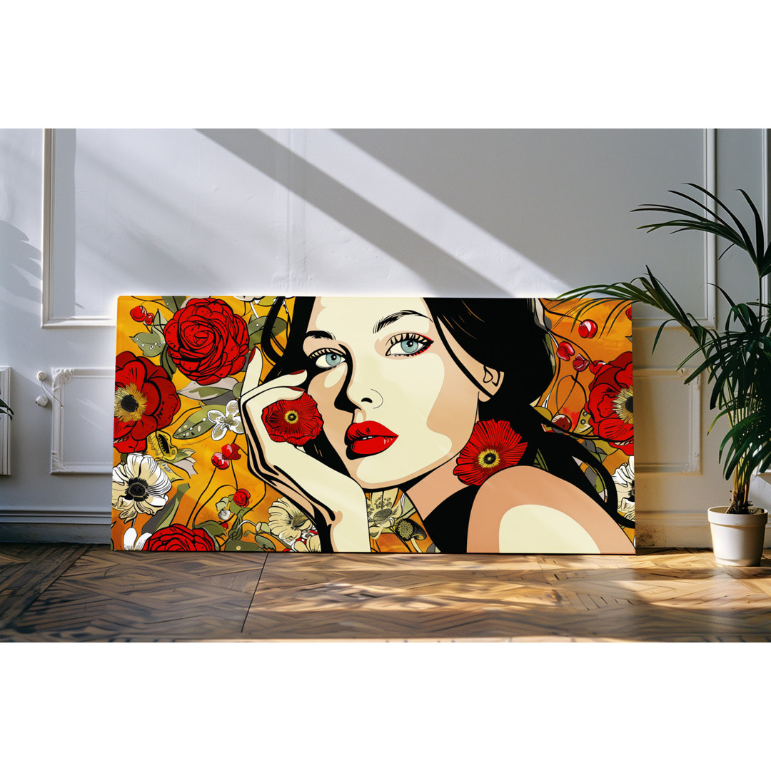 Wandbild 120x60cm Porträt einer jungen Frau rote Blumen Blüten Schönheit Sommer