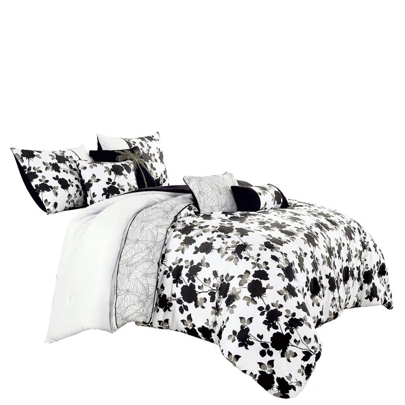 Ensemble d'édredon à motif floral 7 pièces blanc et noir, Grand édredon et 6 pièces supplémentaires