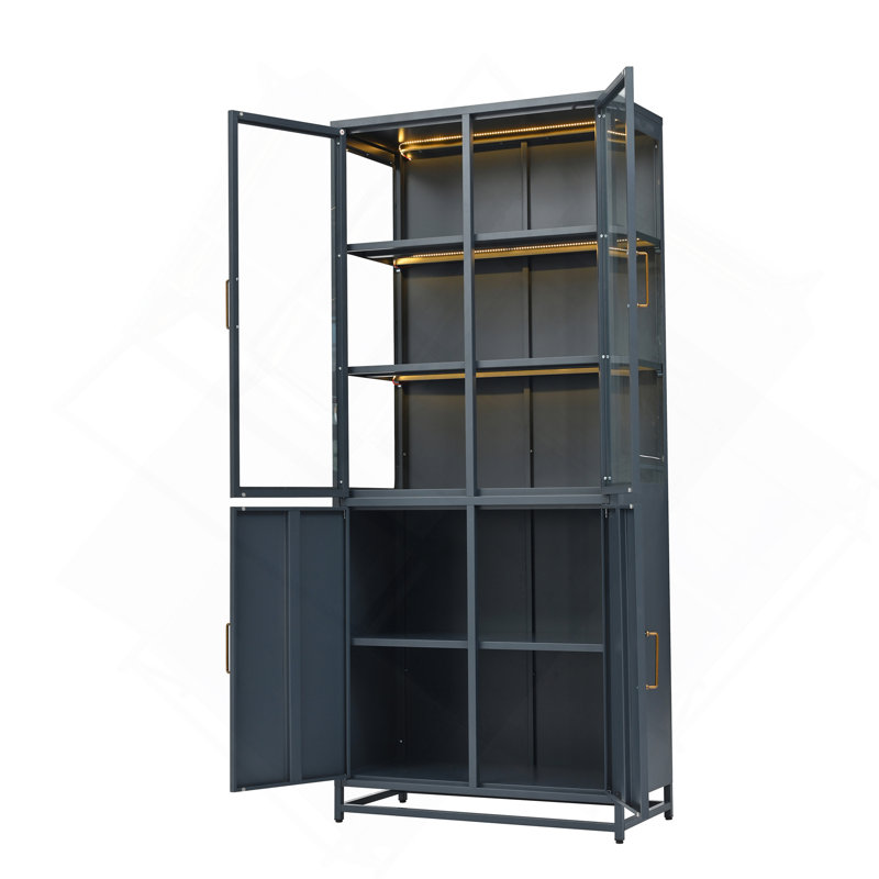 76.75'' Tall Display Cabinet, With Glass Doors And LED Lights, Steel Curio Cabinet With 3-Sided Glass, Pantry Cabinet With Storage For Hallways, Livingroom Kitchen Home Decor & Office - Dark Blue