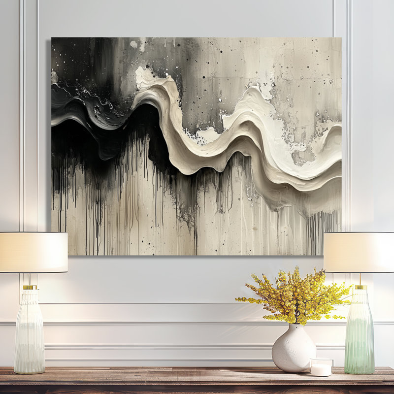 «Grey On White», art graphique sur toile «Abstract Modern Waves», H 12 po x l 20 po, Toile tendue sur cadre