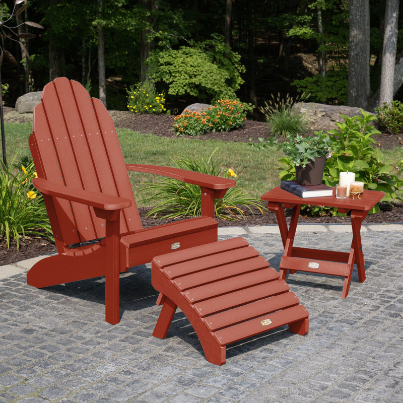 Essential Adirondack Chair with Essential Ottoman and Essential Folding Side Table, Rustic Red