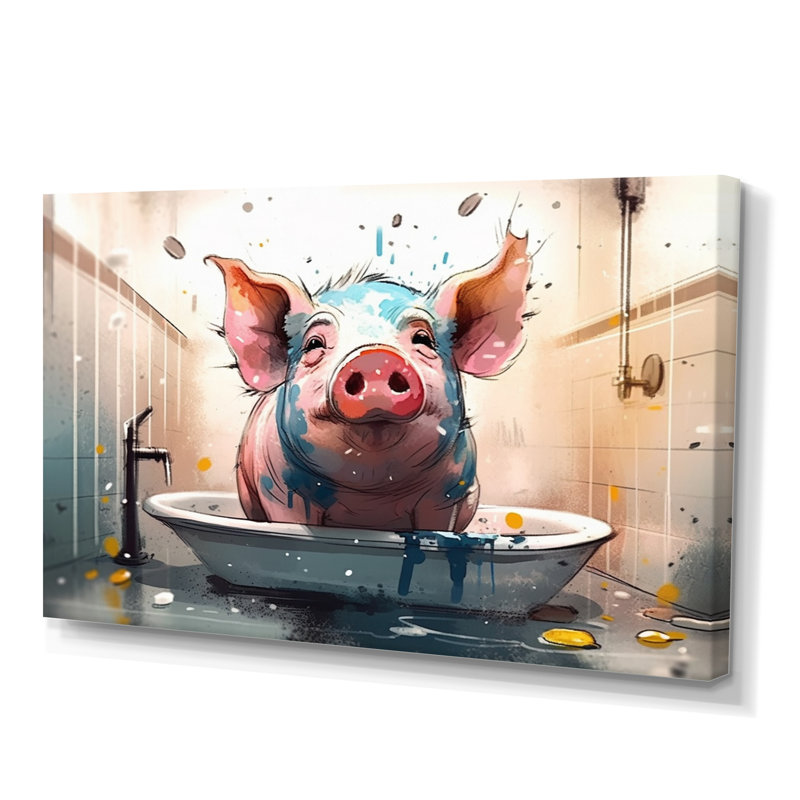 Art sur toile, cochon rose dans la baignoire, H 12 po x l 20 po x P 1 po