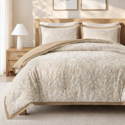 Ensemble de couette 3 pièces Solace Leaf Beige en mélange de coton, motif jacquard botanique, taille Queen