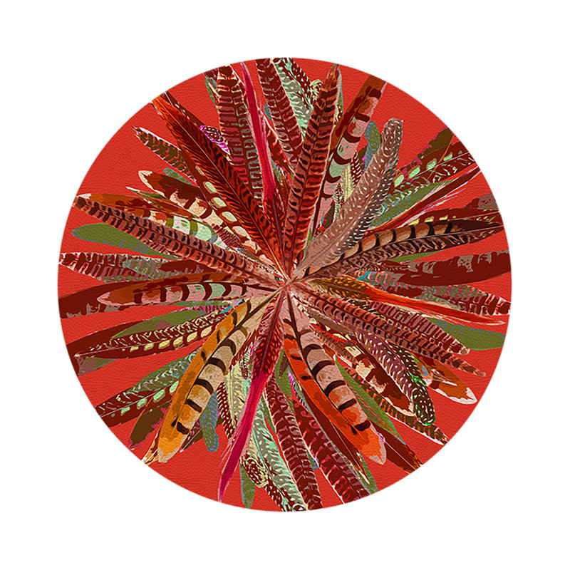 Pheasant Feathers Yellow Vegan Leather Round Coasters, Pumpkin