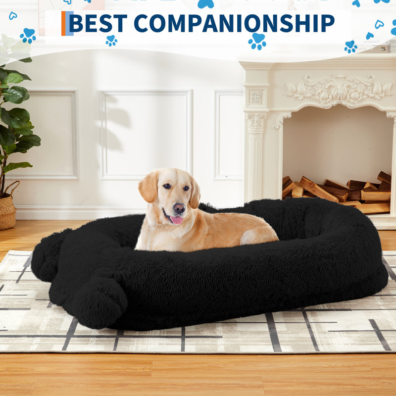 Lit pour chien humain, lit pour chien de taille humaine 71 po x 45 po x 12 po avec couverture, 2 poches de rangement latérales et poignée portative