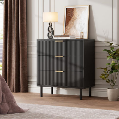 Commode 3 tiroirs cannelée - hauteur 29,9 po, anti-basculement, pieds en métal, noir