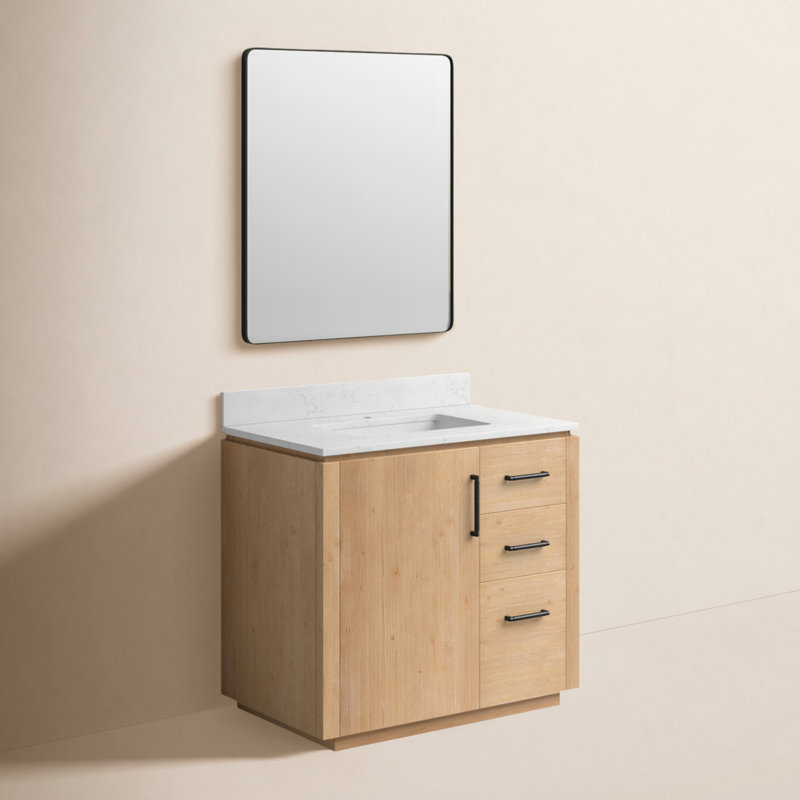 Ensemble de meuble-lavabo simple 36 po avec plateau en pierre et miroir Cloverfield, Bois de sapin brun, Noir mat