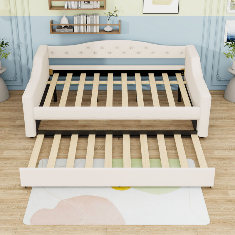 Full XL Upholstered Daybed with LED Lighting and Twin XL Trundle, Beige