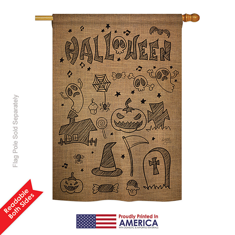 Drapeau maison en polyester 2 côtés halloween doodles, H 18,5 po x l 13 po