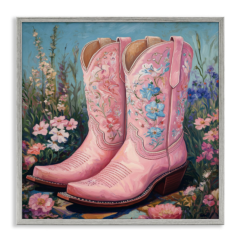 Bottes de cow-boy roses Wildflower, giclée encadrée, design par Heidi Kuntz, Estampe numérique Farmhouse, H 12 po x l 12 po
