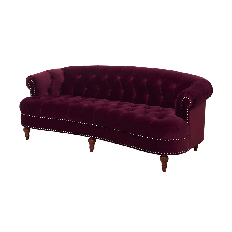 Joannes Velvet Rolled Arm Chesterfield, Burgundy, 32" H x 83.5" W x 38" D