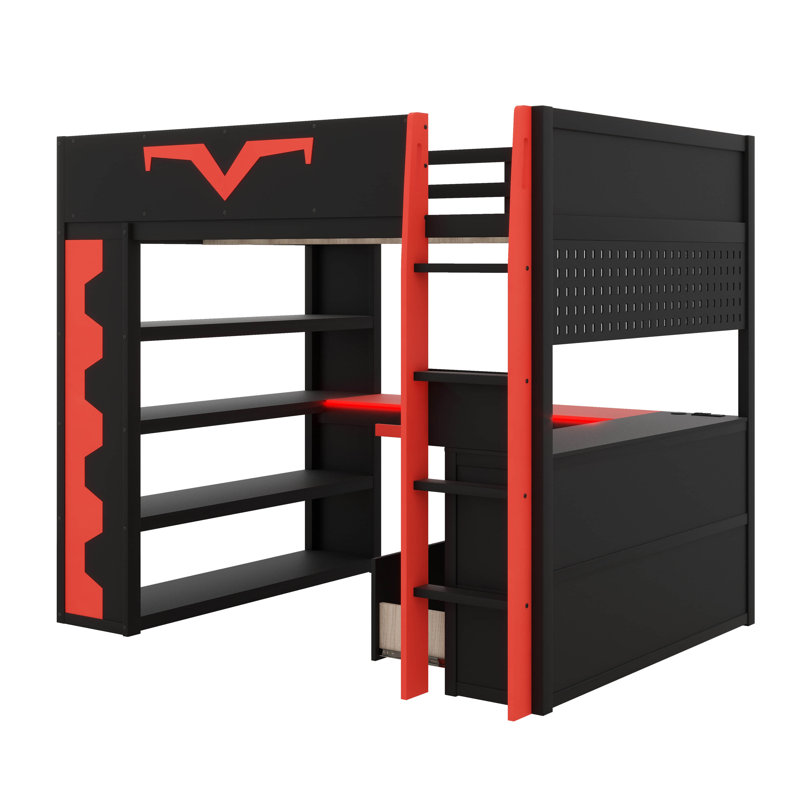 Full-Size Gaming Loft Bed With Built-In Desk & LED Lighting, Pro-Gamer Bed With Power Outlet, Spacious Bookshelf, Pegboard, Keyboard Tray & Storage Drawer