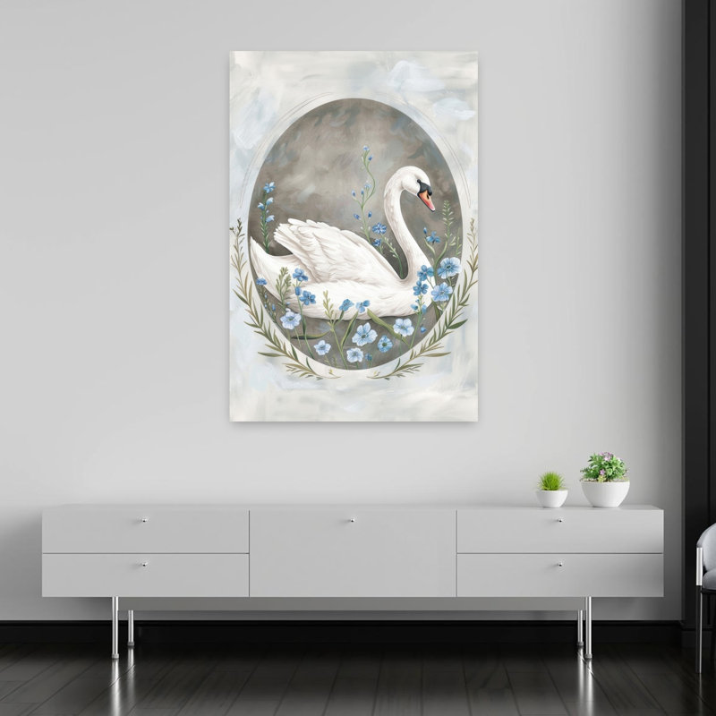Graceful Swan Blue Flowers Delicate Elegant Serene Bird Nature Spring Wall Art Print 1 Piece Wrapped Canvas Wall Art