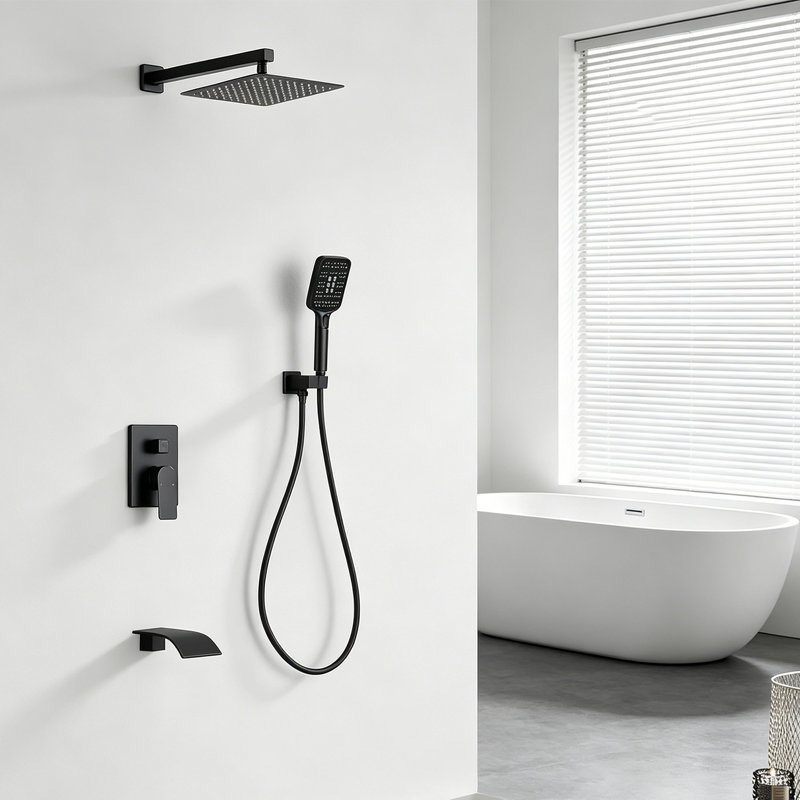 10-inch Square Rain Shower System With 3-function Handheld Shower And 4.72" Waterfall Tub Spout, Matte Black
