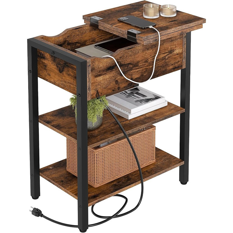 Table d'appoint avec station de recharge, table de chevet étroite avec ports USB et prises électriques, table de nuit à plateau rabattable avec tiroir et étagères, brun rustique et noir