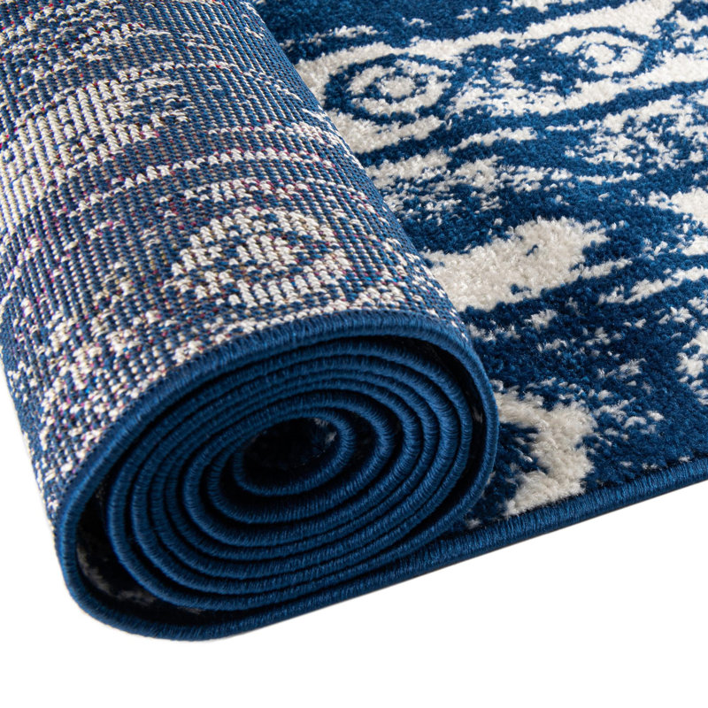 Tapis bleu marine / blanc Gusman Southwestern, Tapis de couloir 3 pi 3 po x 14 pi