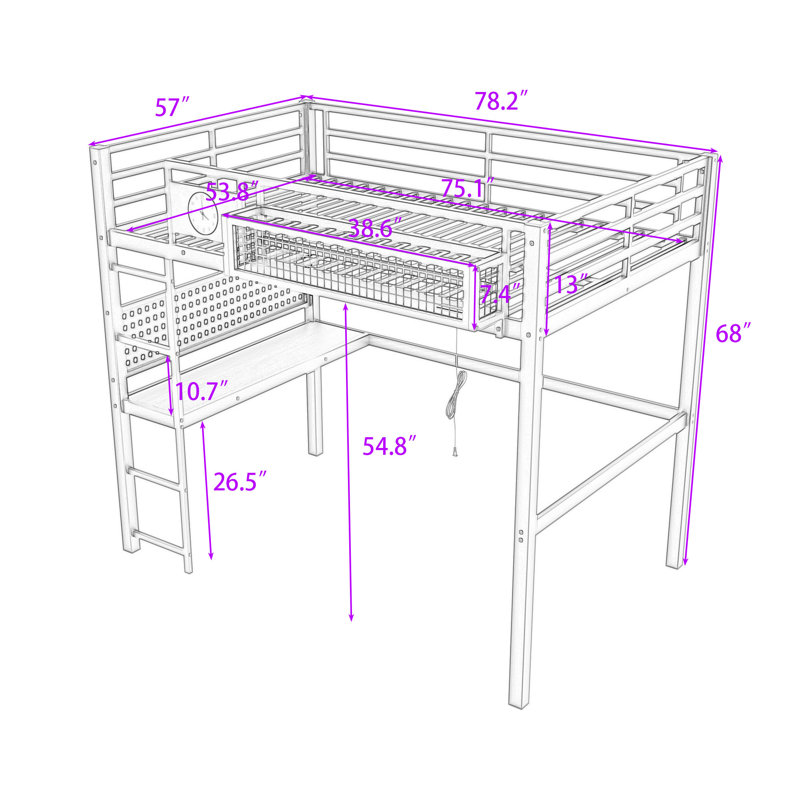 Lit mezzanine en métal avec panneau perforé, bureau et horloge, Lit double