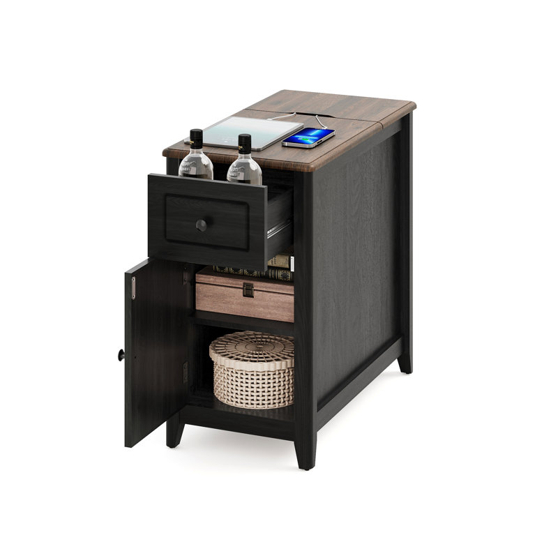 End Table With Storage Charging Station Hidden Usb Ports And Outlet, Black