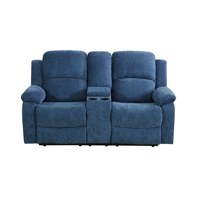 68" Wide Fabric Manual Reclining Loveseat Sofa, 2-seater Recliner Couch With Storage & Cup Holder, Blue
