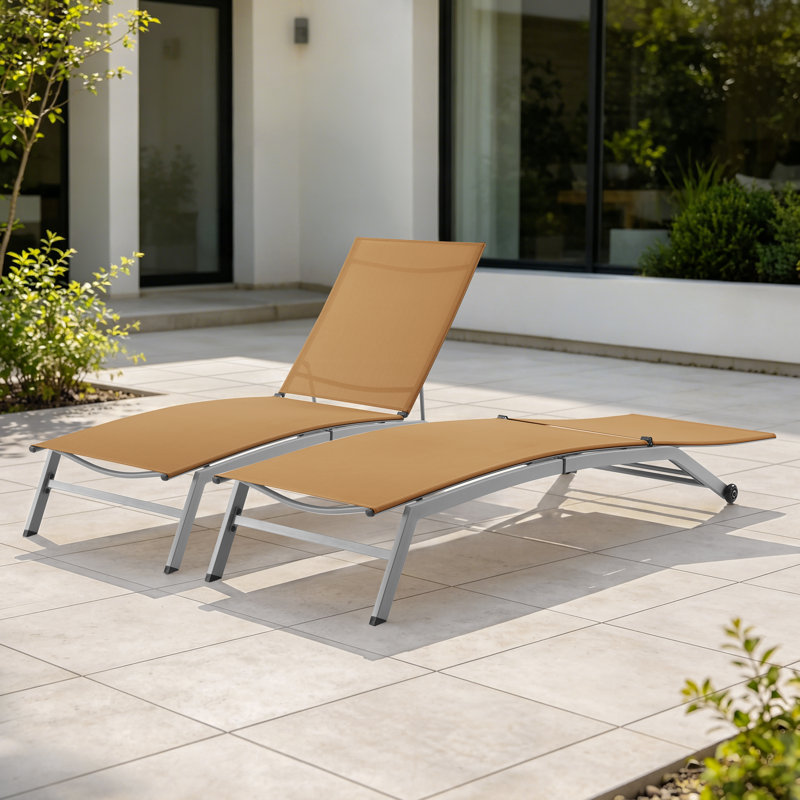 Cand 77.5" Long Metal Reclining Armless Single Chaise Lounge with PVC-coated polyester Sling Seat and Wheels, Gray, Orange