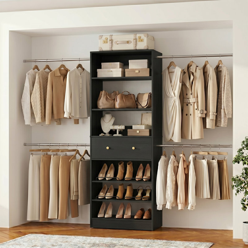 Système d'organisation l 23,5 - 117,7 po avec tiroir en bois et tringles de suspension, Black