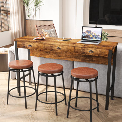 3 Long Table In Brown Color. With Power Outlets & Pu Stools. Strong Metal Combination. Classy Shell-shaped Handles. Soft Cushioned Seats. For Different Spaces. Easy To Assemble Dining With
