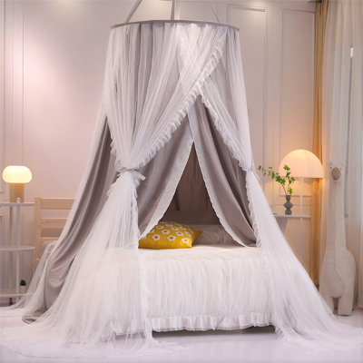 Rideau de lit à baldaquin rond double couche style princesse pour filles et adultes, moustiquaire de rêve pour enfants, décoration mignonne pour chambre à coucher, tente de jeu château, coin lecture (Dôme - Gris/Blanc)