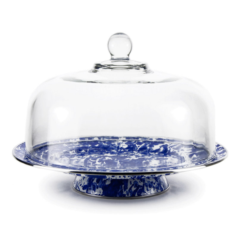 Solid Enamelware Cake Stand, Cobalt Swirl