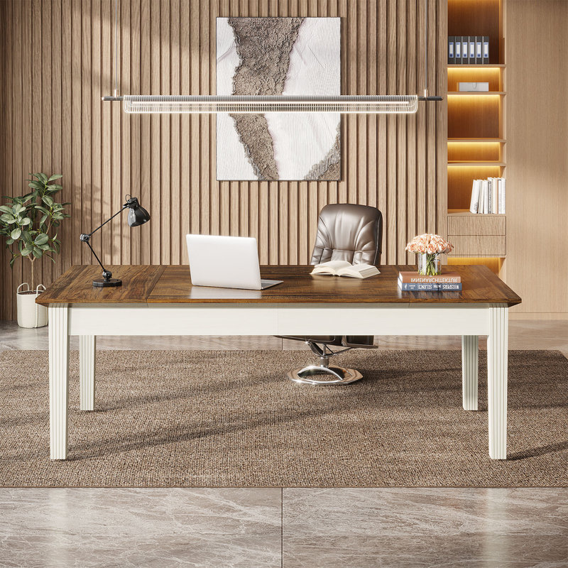 62-Inch Computer Desk, Large Office Executive Desk With Solid Wood Legs, Dark Brown/White