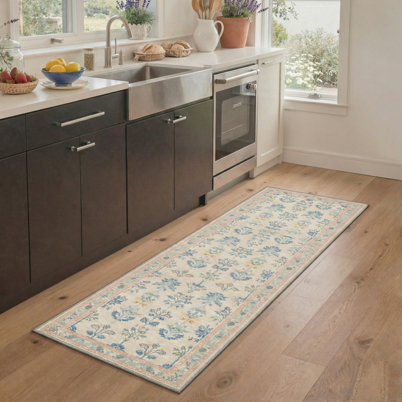 Allsop Verdure Vintage Floral Machine Washable Beige / Blue / Pink Indoor Area Rug with Non-Slip Backing, Runner 2'3" x 6'
