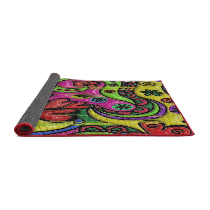 Tapis jaune/bleu/rouge à motifs, Rond 3 pi