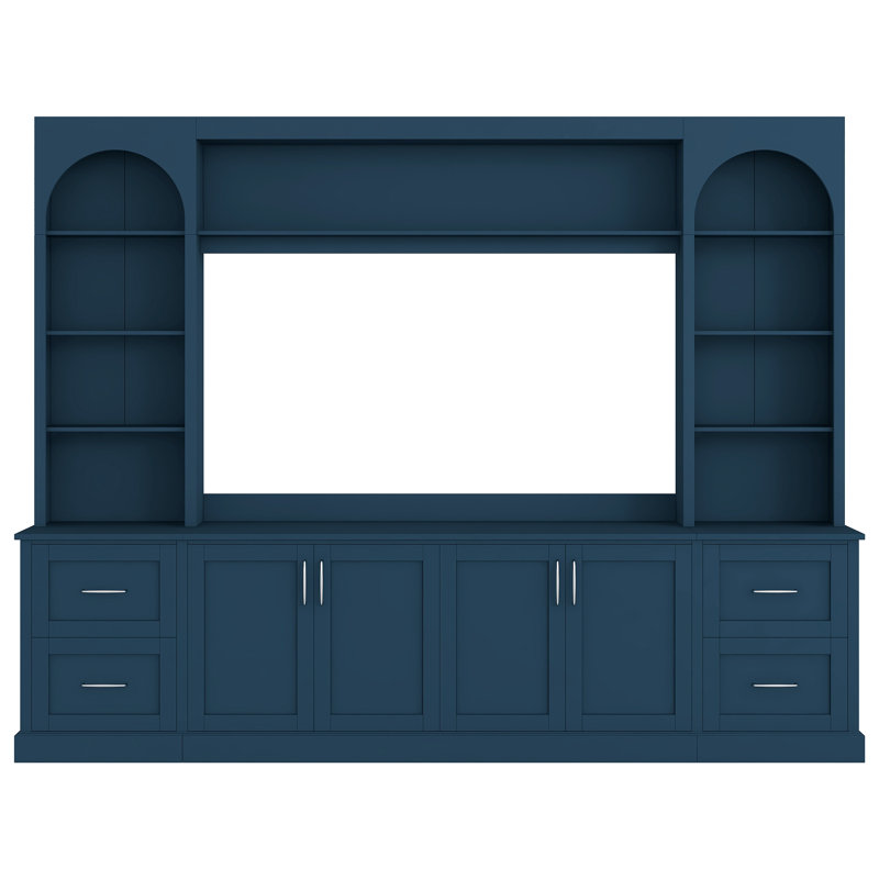 Meuble télé mural moderne en forme d'arche, grand meuble télé de style campagnard de 262 cm (103 po) avec armoires de rangement, tiroirs et étagères réglables pour téléviseurs jusqu'à 165 cm (65 po).