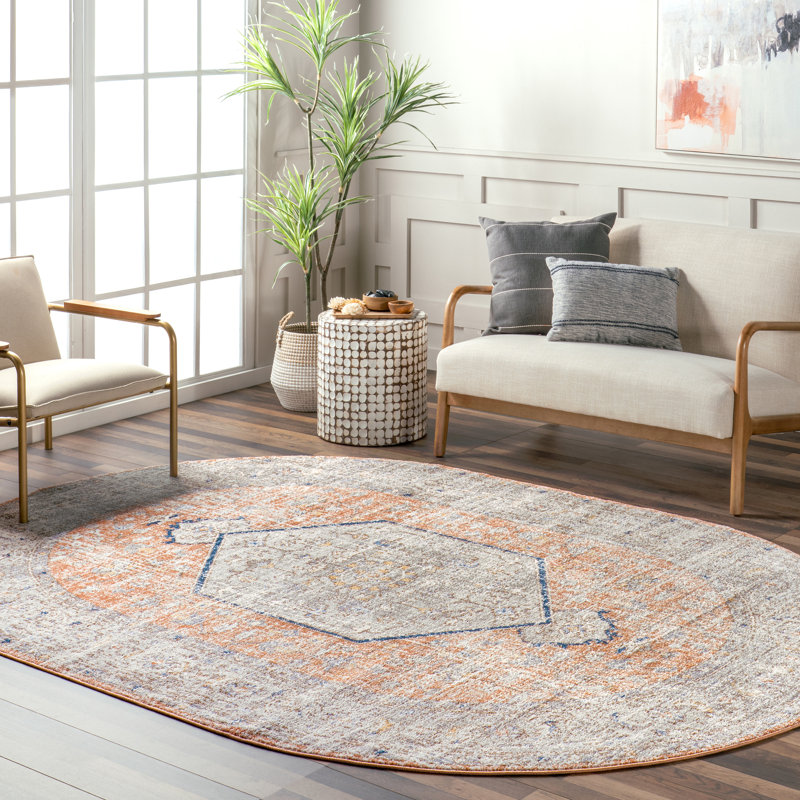 Mattawa Oriental Power Loom Performance Peach/Blue Rug, Oval 6'7" x 9'