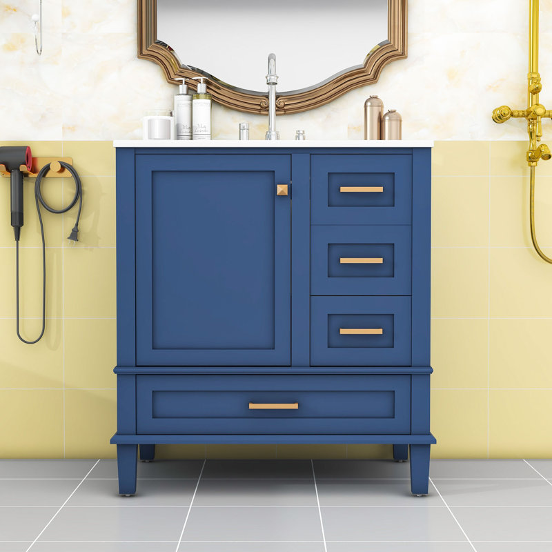 Armoire de meuble-lavabo 30 po à 3 tiroirs, Bleu, Or