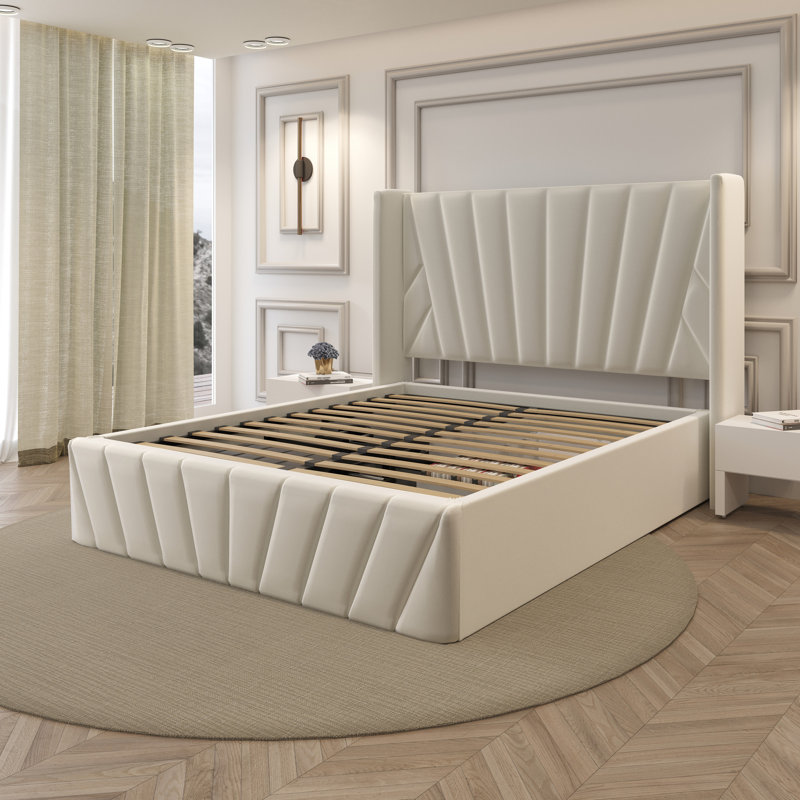 Iginia Upholstered High Headboard Storage Bed w/Hydraulic Gas Lift, Wood Slat System & Under Bed Storage