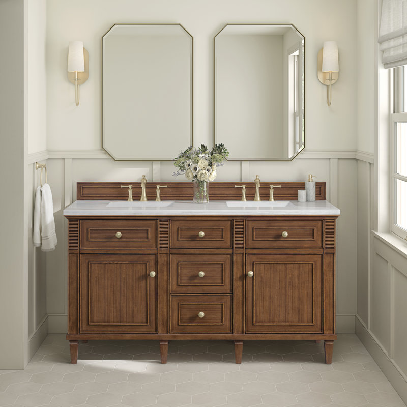 Lorelai 60'' W Double Vanity, Mid-Century Walnut, Carrara White, 8" Widespread