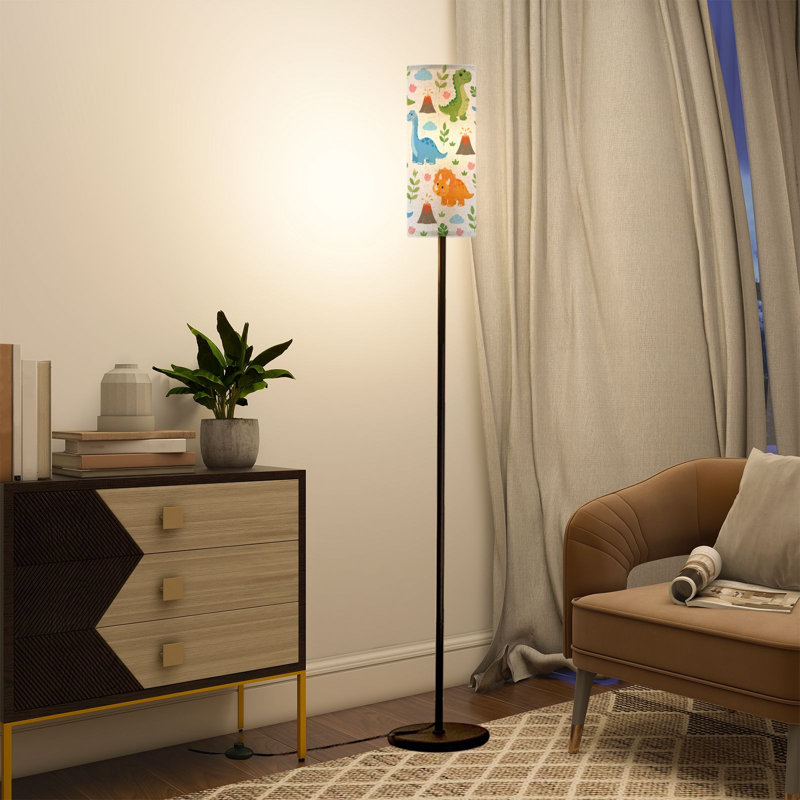  Lampe sur pied 68,5 "à motif de dinosaures mignons, volcans, plantes, blanc, lampe à poteau en métal à intensité variable avec abat-jour en lin, ampoule DEL incluse