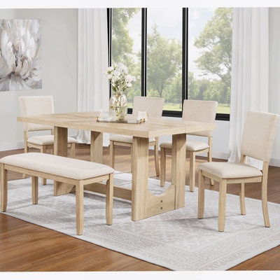 6 Piece Dining Table Set, Wooden Rectangular Kitchen Table With Bench And 4 Upholstered Chairs