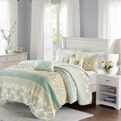 Couette 6 pièces en coton pour chambre à coucher, format grand lit/queen, imprimé floral et géométrique, fermeture magnétique, avec 3 oreillers.