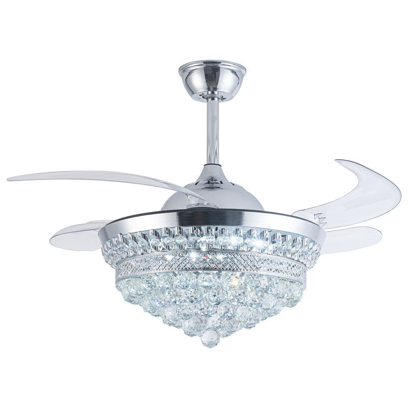 Ventilateur de plafond à DEL en cristal à 4 pales Forbell avec télécommande et ensemble d'éclairage inclus, Argent