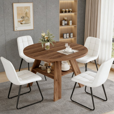 43.2"-59.1" Extendable Round Dining Table Set, Mid Century Wooden Round Kitchen Table, Gray Coffee Table For 8 Person,Pu Leather Chair