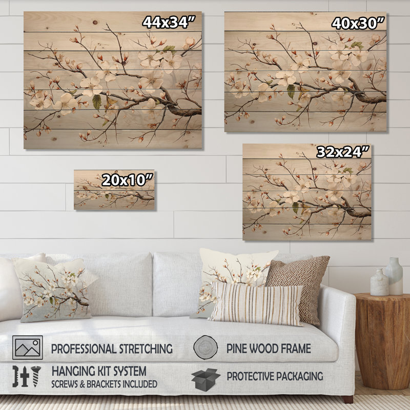 White Dogwood Blossom Scenery - Dogwood Wood Wall Art On Natural Pine Wood, 10" H x 20" W