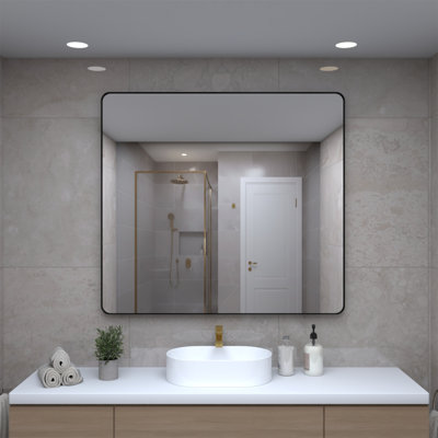 Miroir de salle de bain 40 po x 36 po avec cadre en métal noir, miroir de meuble-lavabo noir mat, antirouille, verre trempé, suspendu horizontalement ou verticalement