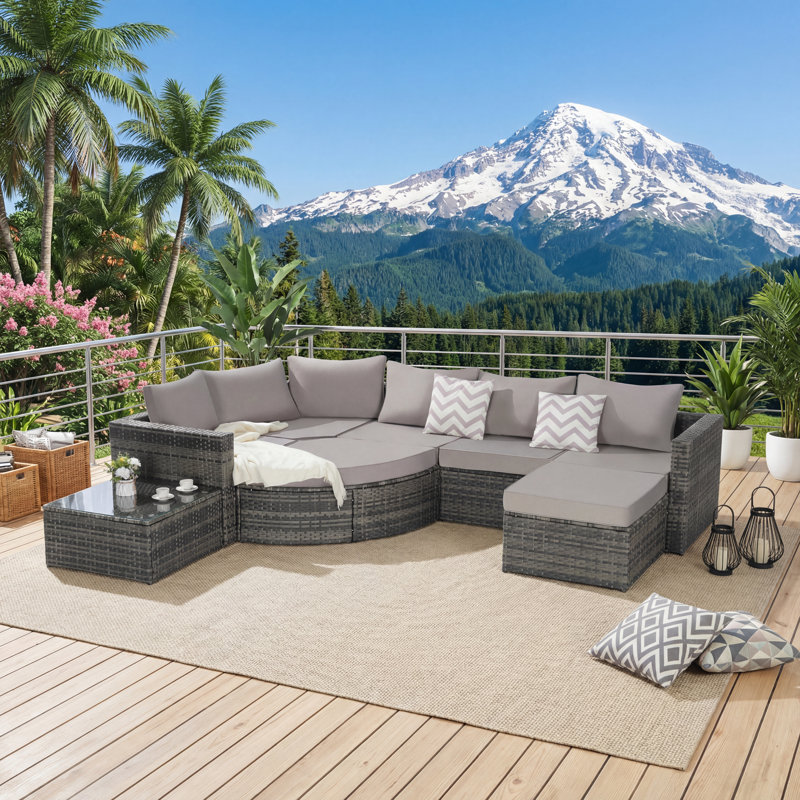 Ensemble de conversation modulaire 8 pièces pour patio en osier avec canapé incurvé, repose-pieds et table en verre pour piscine