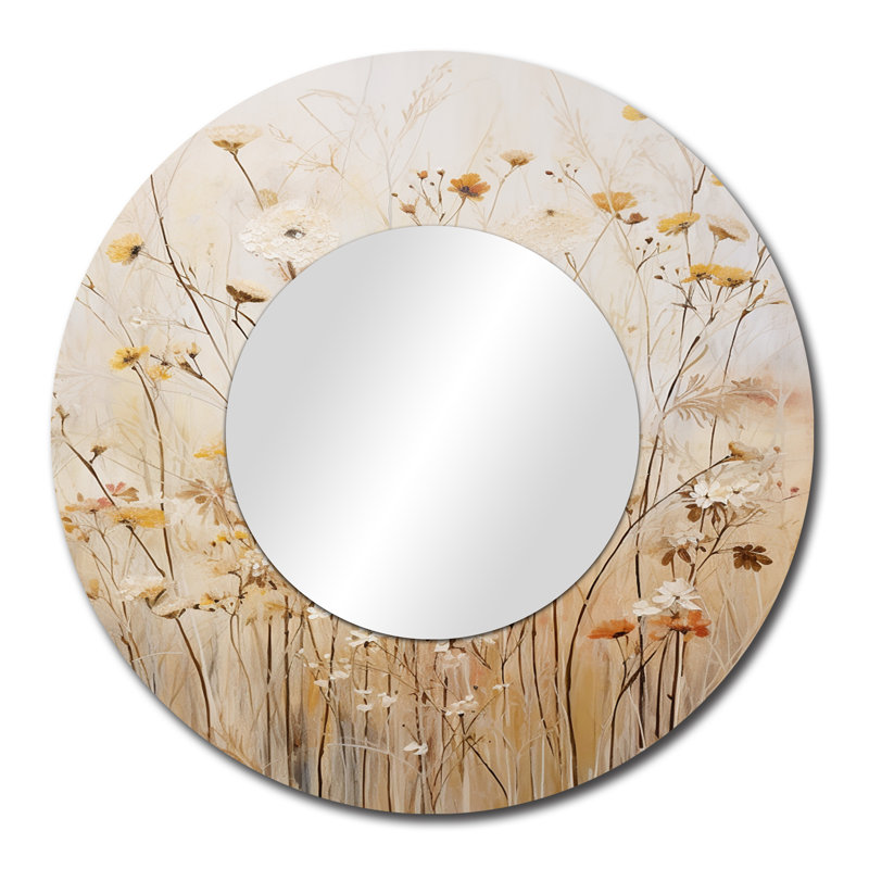 Beige Wildflowers Garden Whispers - miroir mural rond Boho, impression métallique, 29" x 29"